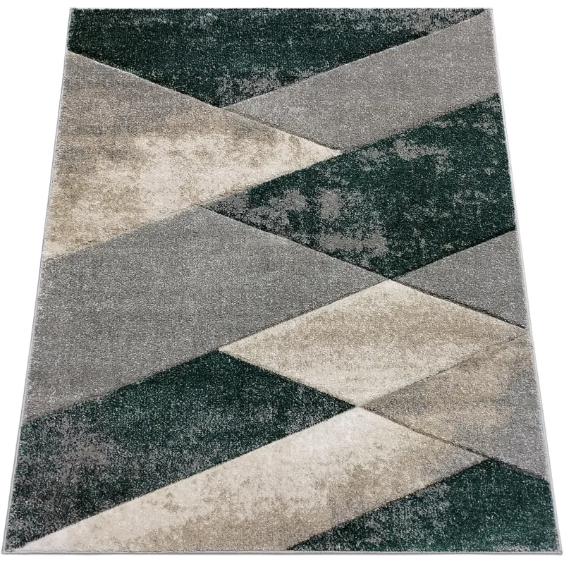 Dywan geometryczny zielony + szary + beżowy